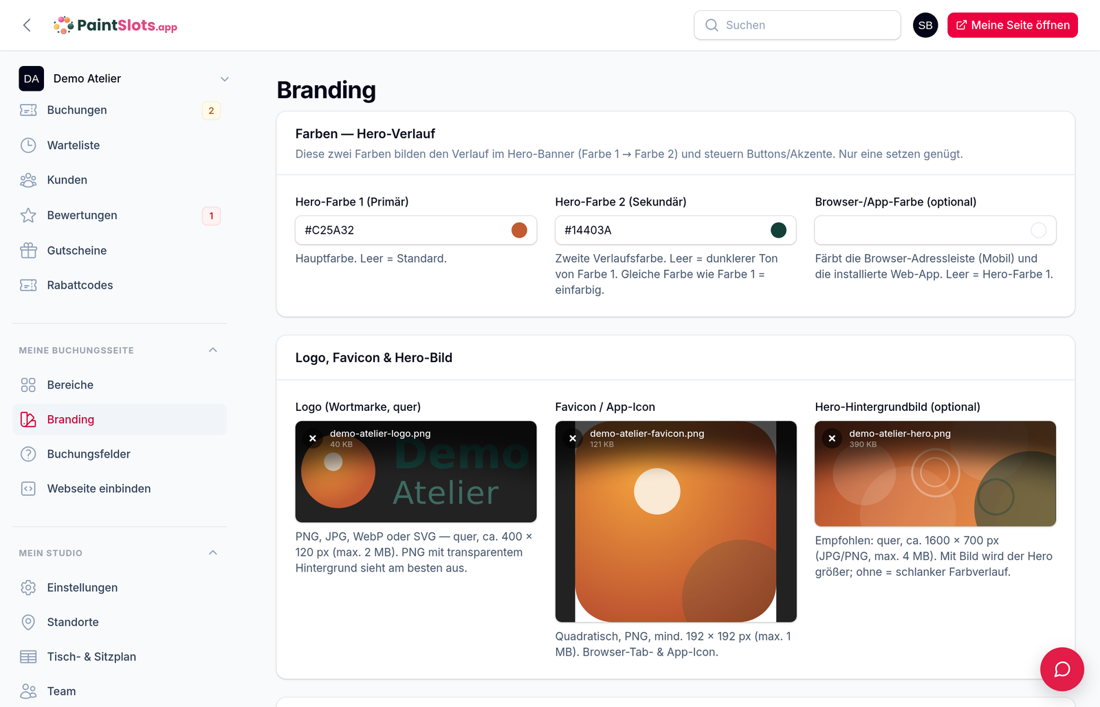 Branding-Einstellungen im Studio-Bereich: zwei Hero-Farben, Logo, Favicon und Hero-Bild