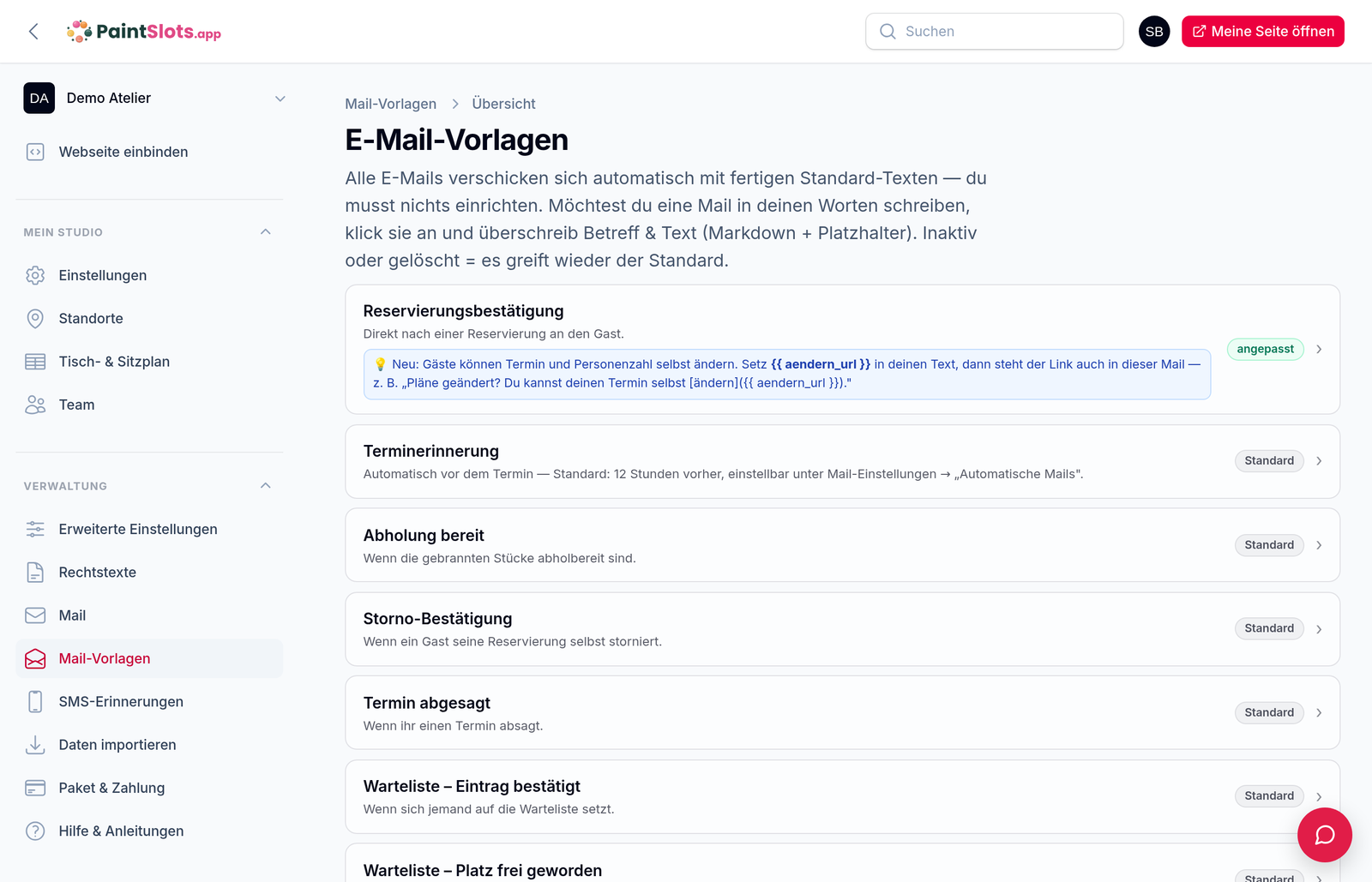 Übersicht der E-Mail-Vorlagen im Admin mit den Einträgen Reservierungsbestätigung, Terminerinnerung, Abholung bereit, Storno-Bestätigung und Warteliste