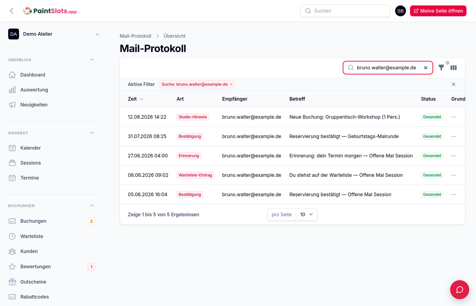 Mail-Protokoll im Admin, gefiltert auf einen Gast: Bestätigung, Erinnerung und Wartelisten-Eintrag mit Zeit, Betreff und Status „Gesendet“