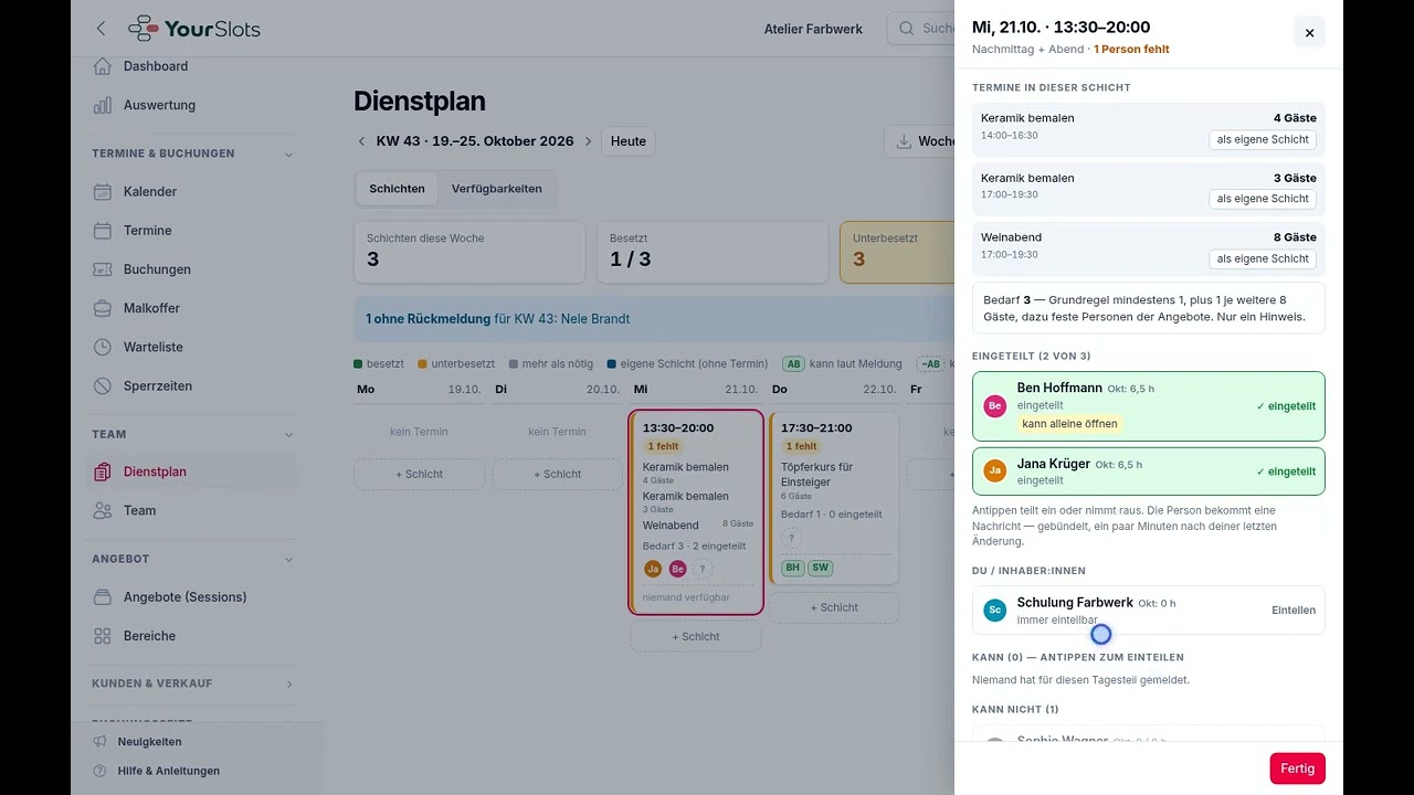Vorschaubild: der Dienstplan im Admin mit geöffneter Schicht und der Liste der Eingeteilten