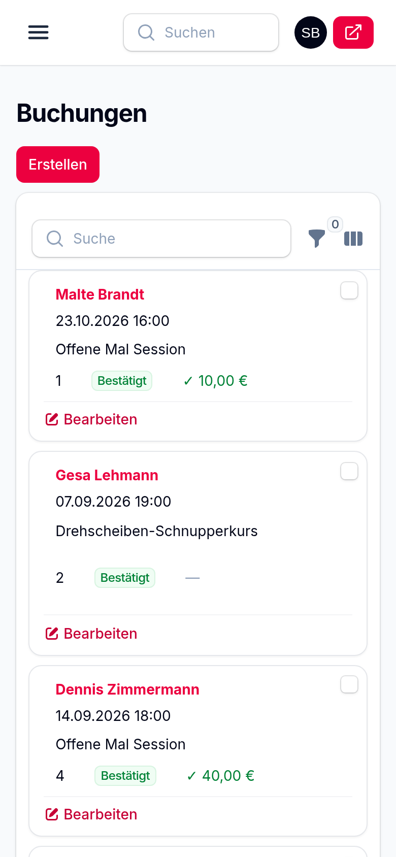 YourSlots-Verwaltung auf dem Handy: die Buchungsliste als Karten mit Name, Termin, Angebot, Personenzahl und Bezahlstatus