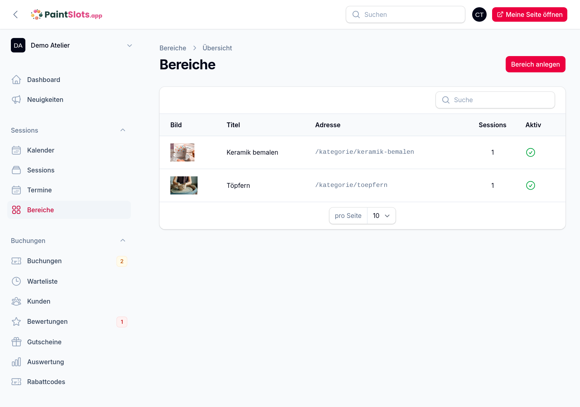 Admin → Angebot → Bereiche: angelegte Bereiche mit Bild, Adresse und Anzahl der Angebote