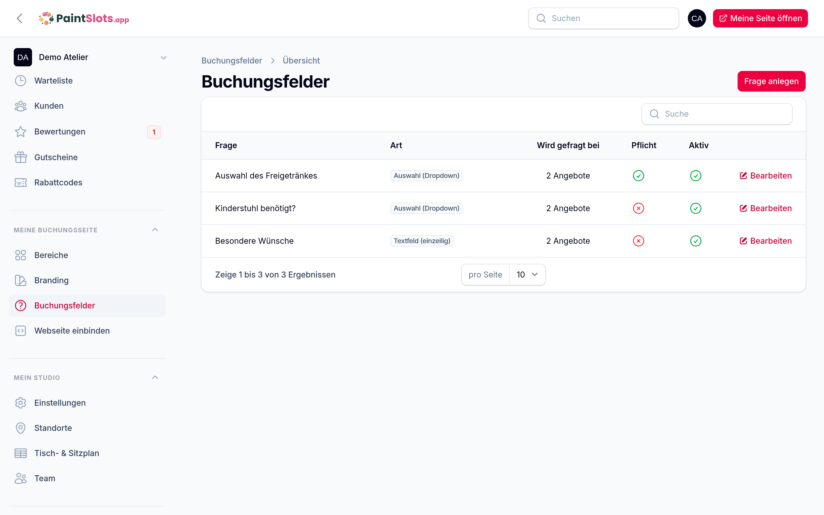 Buchungsseite → Buchungsfelder: der Katalog deiner Fragen mit Art, Pflicht und „wird gefragt bei … Angeboten