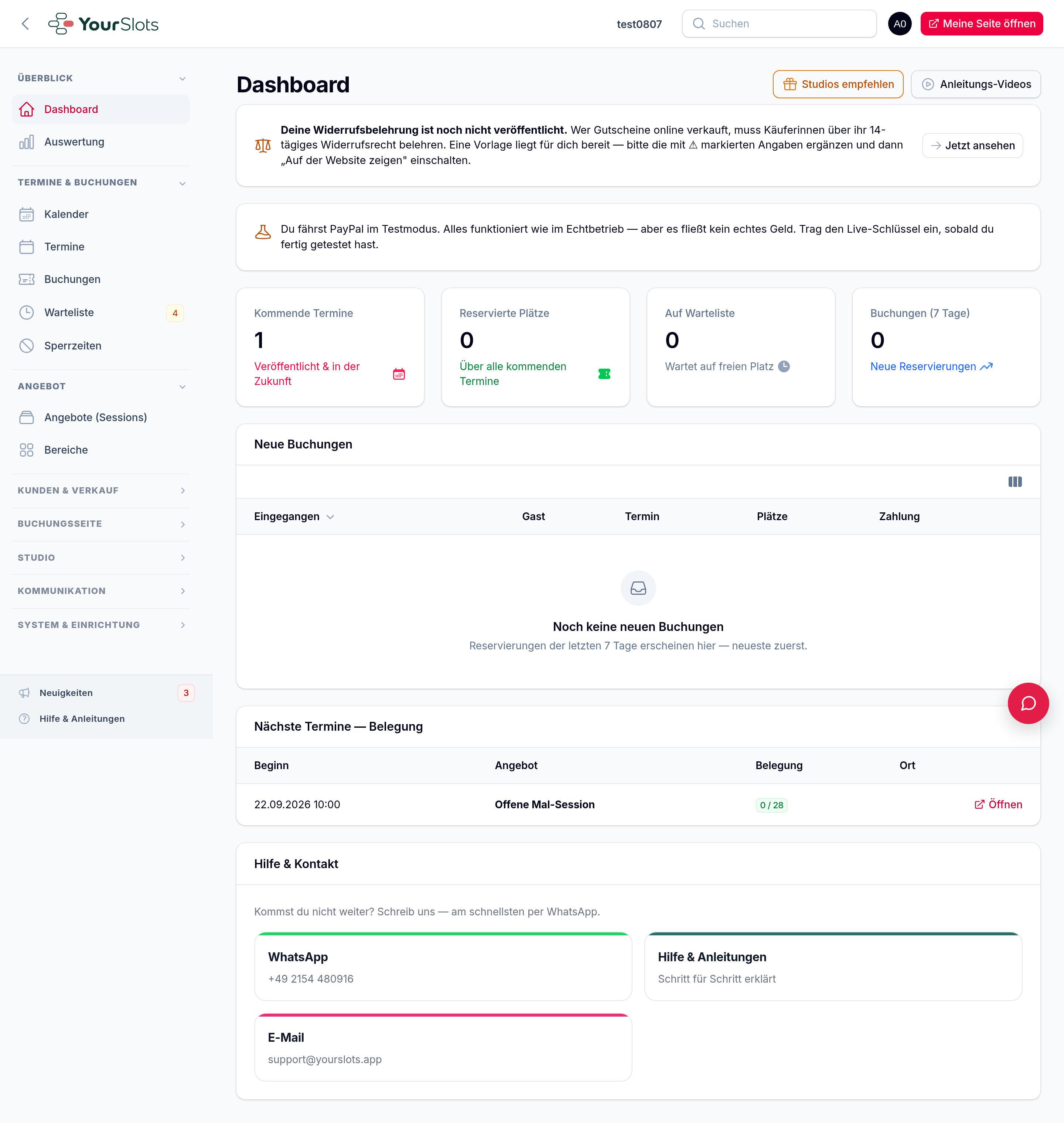 Das Dashboard mit Kennzahlen, neuen Buchungen und nächsten Terminen