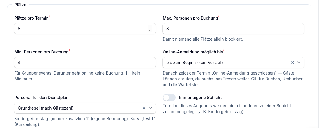 Der Schalter „Immer eigene Schicht“ im Angebot – z. B. für den Kindergeburtstag