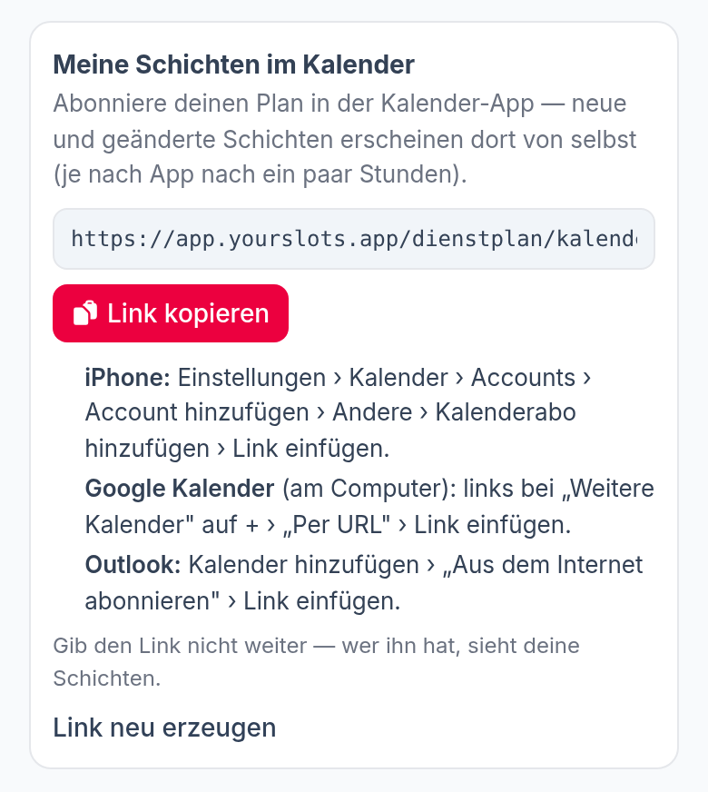 Der Kasten „Meine Schichten im Kalender“ auf „Mein Plan“: Link kopieren, kurze Anleitung für iPhone, Google und Outlook