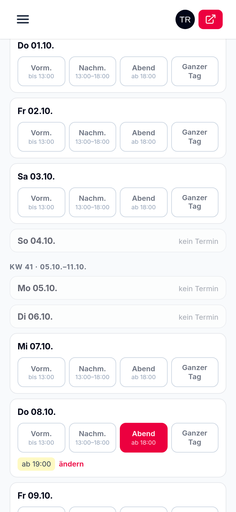 Melden am Handy: Kästchen antippen, bei Bedarf „ab 19:00“ dazu