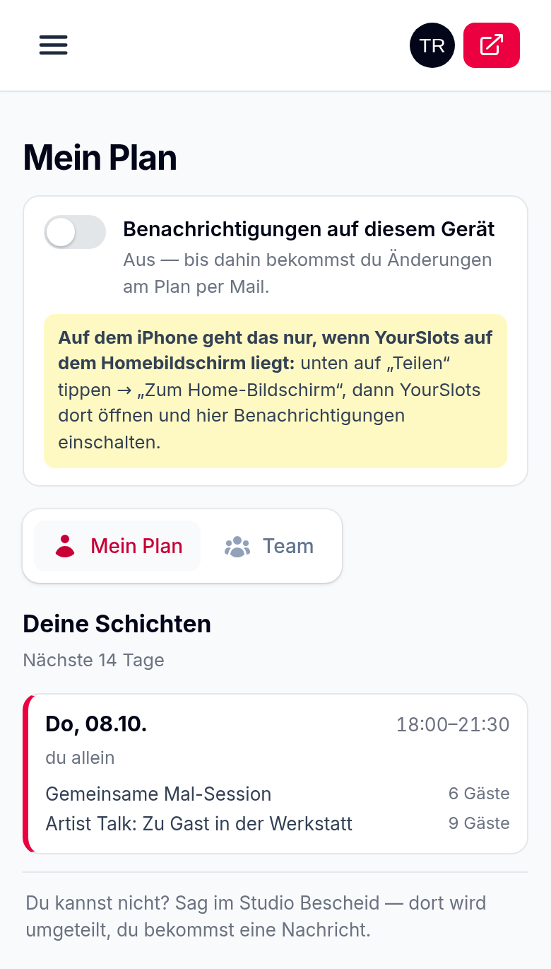 Auf dem iPhone zeigt der Kasten, wie YourSlots auf den Home-Bildschirm kommt – bis dahin kommen Änderungen per Mail