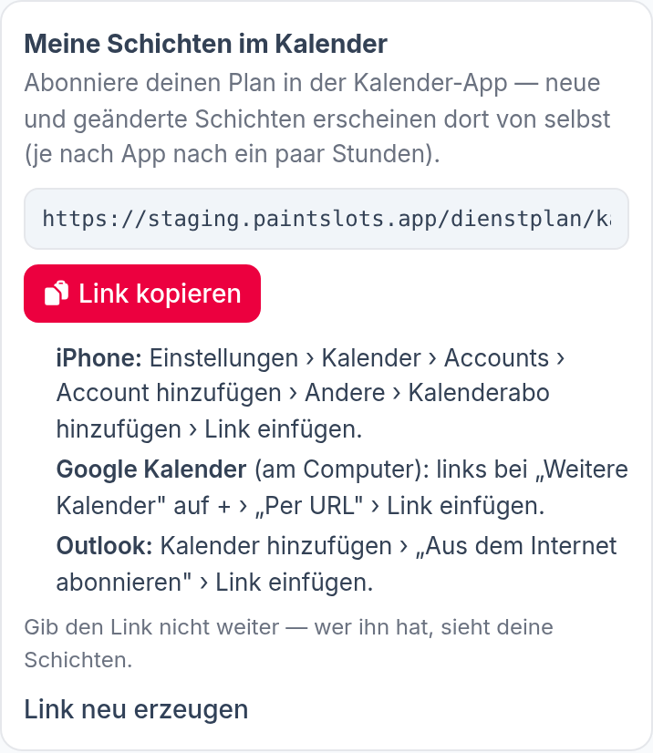 Der Kasten „Meine Schichten im Kalender“: Link kopieren und im Kalender einfügen
