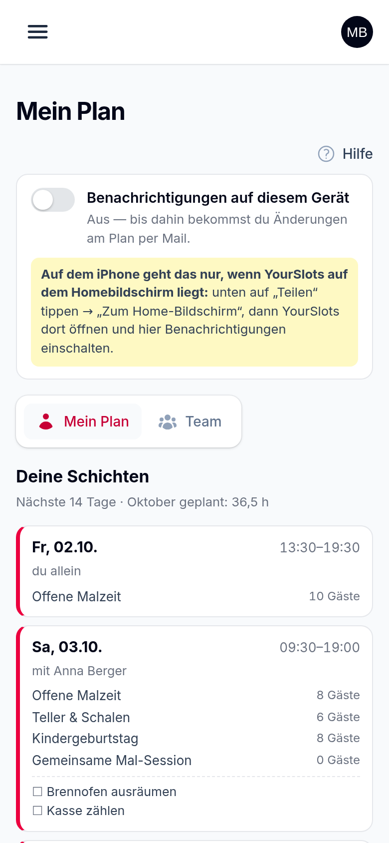 Auf dem iPhone: Der gelbe Hinweis zeigt, wie YourSlots auf den Home-Bildschirm kommt. Bis dahin kommen Änderungen per Mail