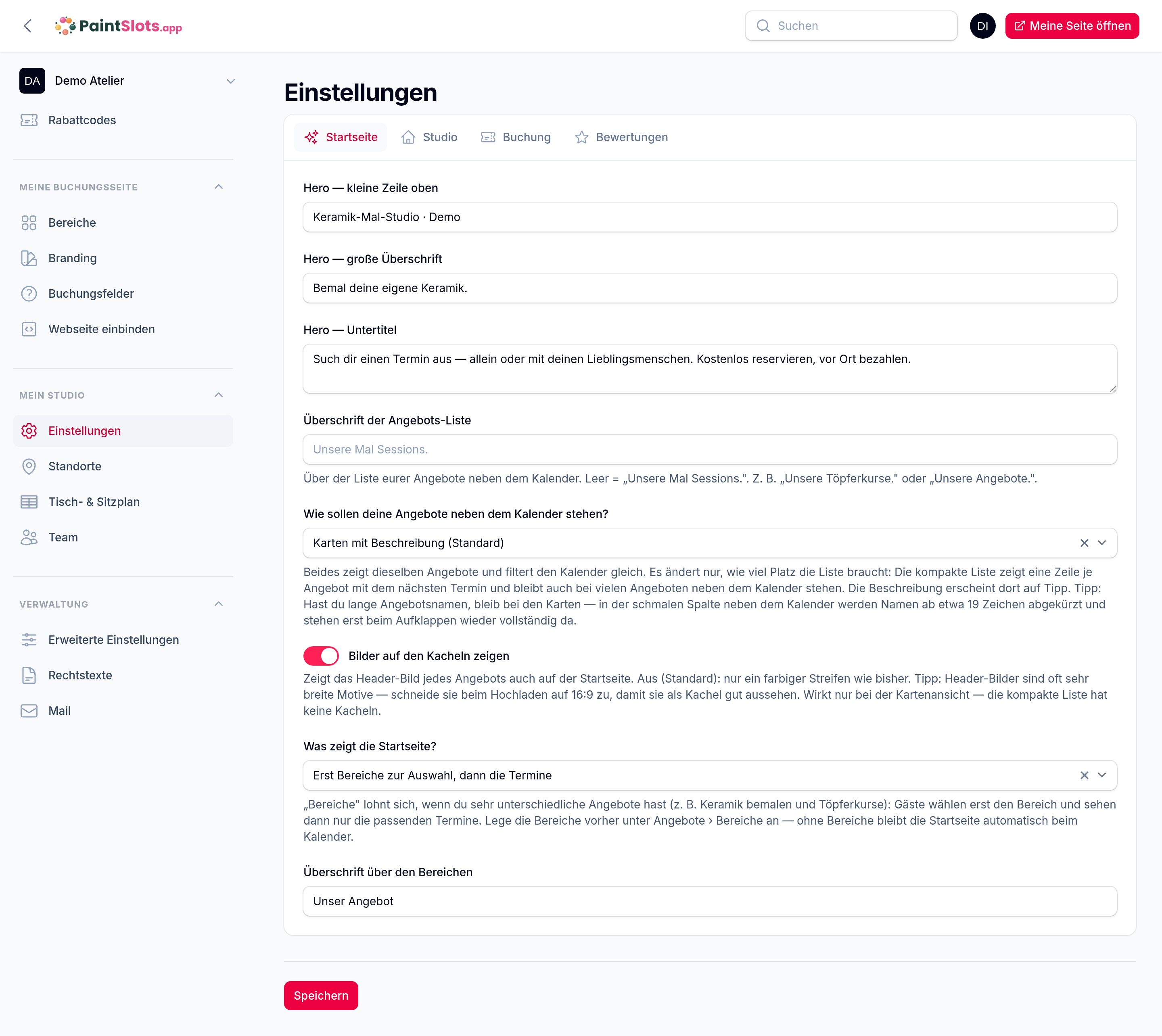 Einstellungen – Startseite, Studio, Buchung und Bewertungen