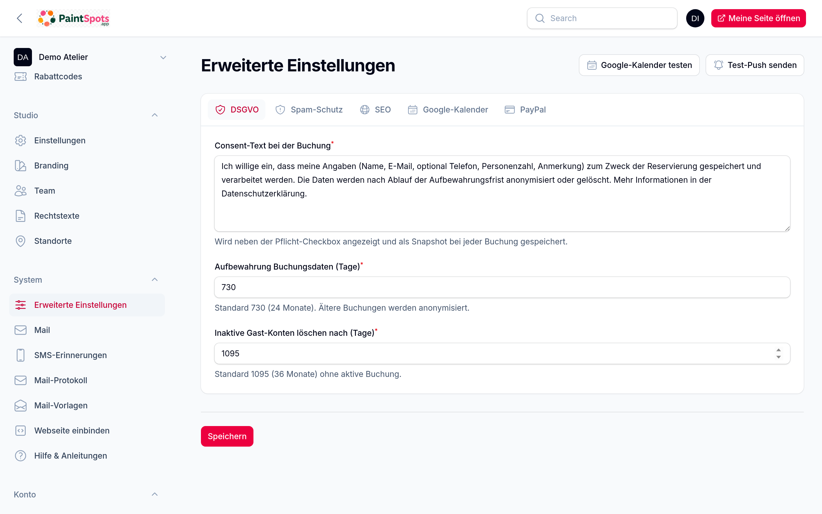 Erweiterte Einstellungen mit Tabs für DSGVO, Spam-Schutz, SEO, Kalender und Zahlungen