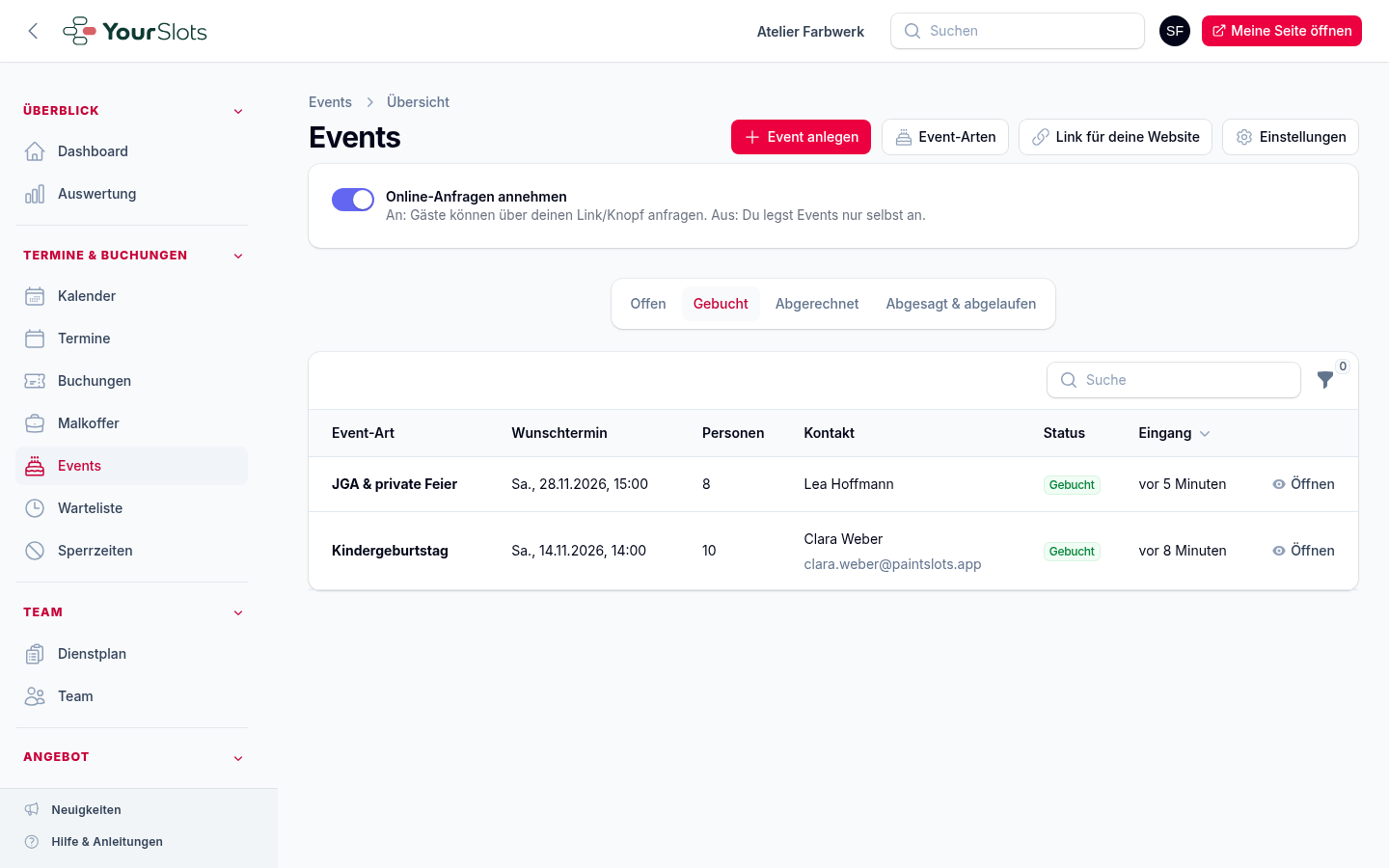 Die Events-Liste im Reiter „Gebucht“: oben „Event anlegen“, „Event-Arten“, „Link für deine Website“ und „Einstellungen“, darunter der Schalter „Online-Anfragen annehmen“ (hier an) und die vier Reiter
