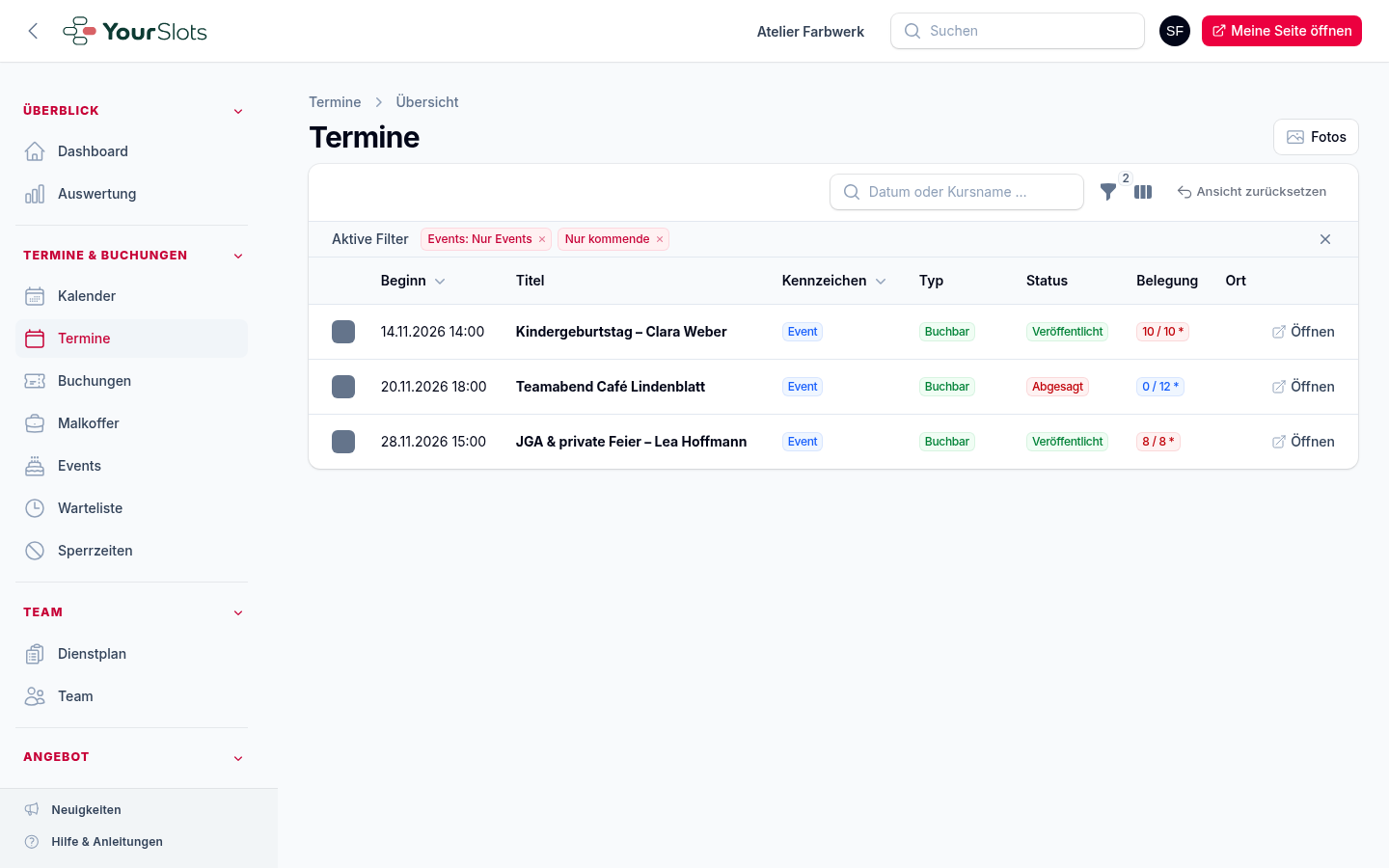 Die Terminliste mit dem Filter „Events: Nur Events“ – jeder Event-Termin trägt das Kennzeichen „Event“