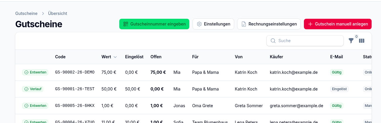 Gutschein-Liste – „Entwerten