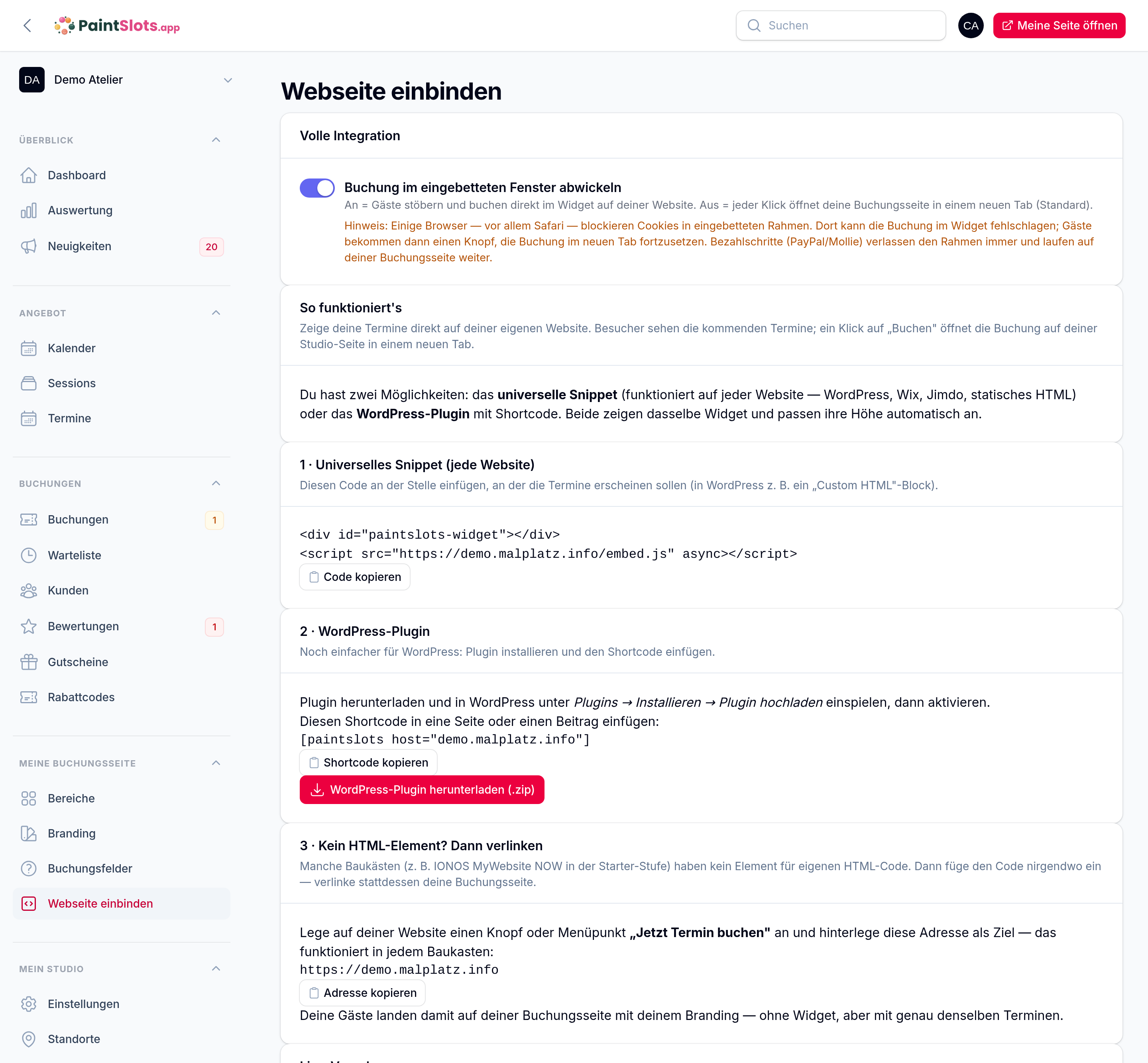 „Webseite einbinden