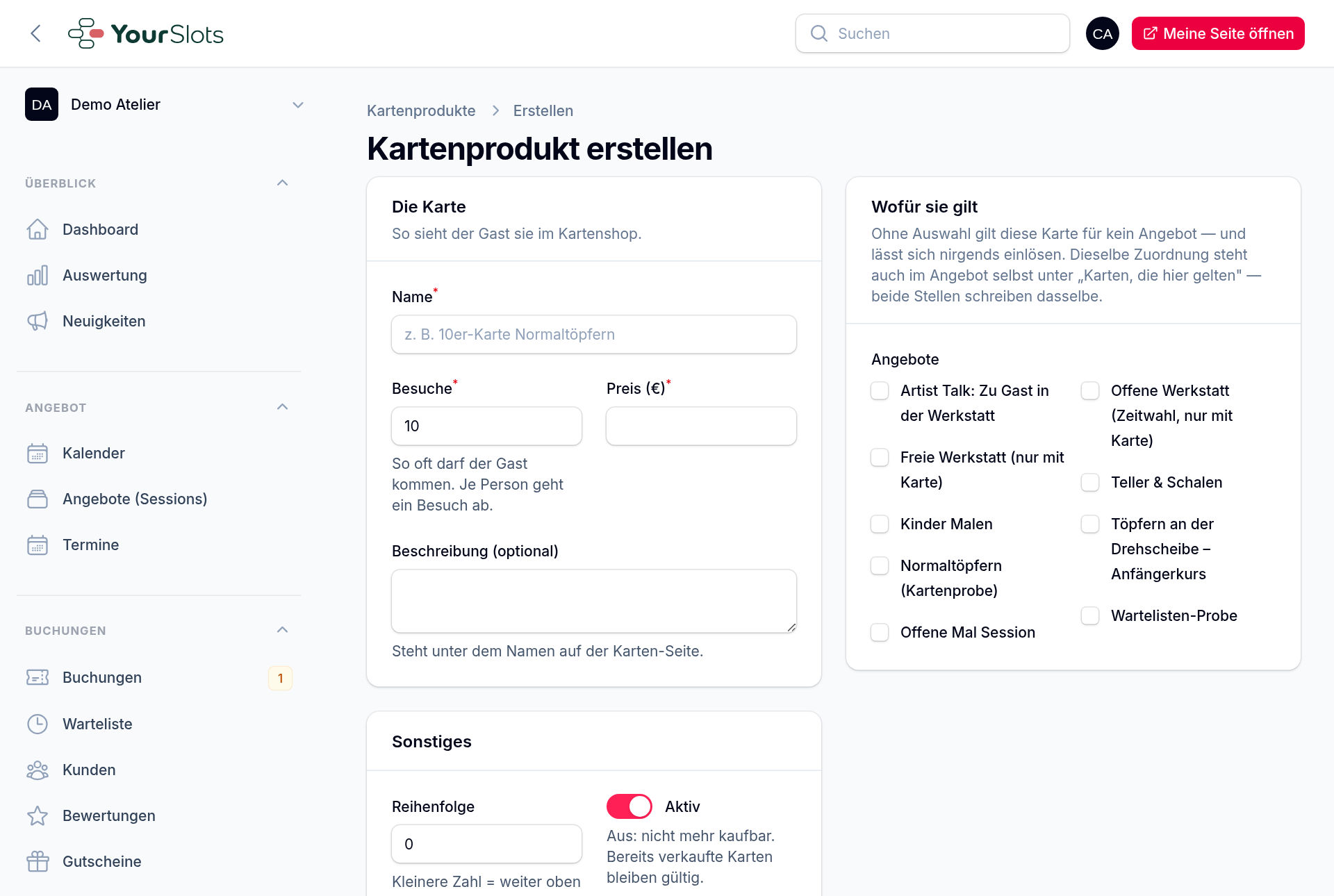 Links legst du Name, Besuche und Preis fest – rechts kreuzt du an, für welche Angebote die Karte gilt