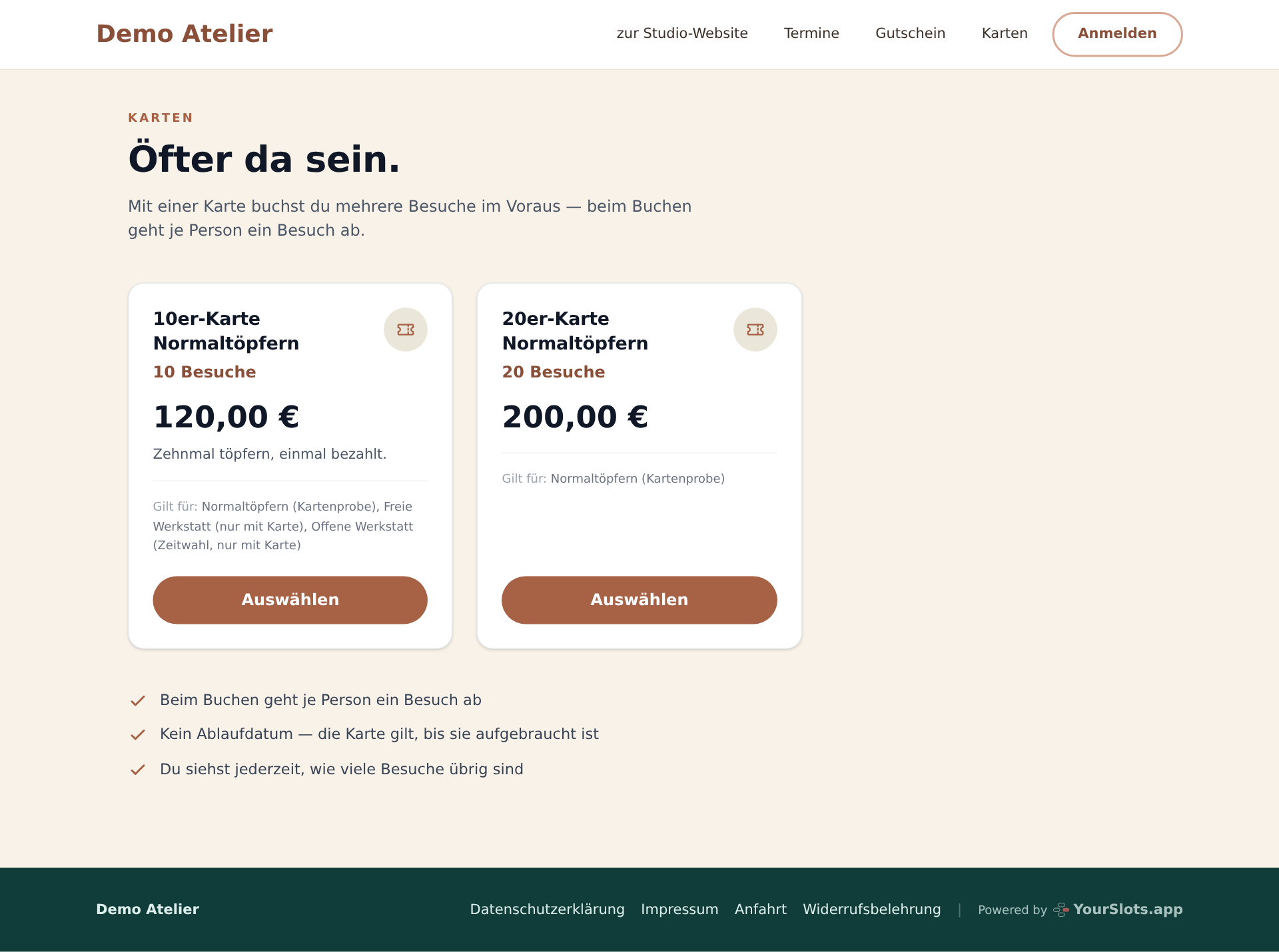 Schritt eins beim Gast – je Karte eine Kachel mit Besuchszahl, Preis und den Angeboten, für die sie gilt