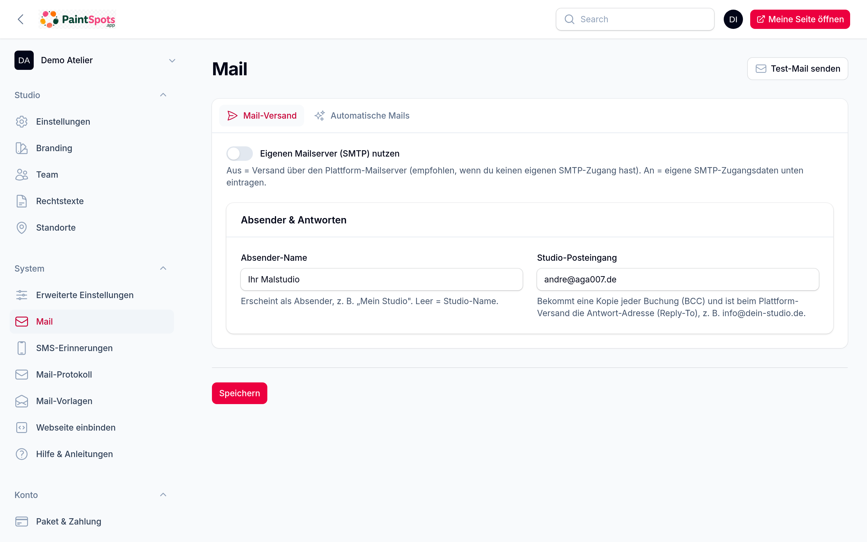 Mail-Bereich – Versand und automatische Mails