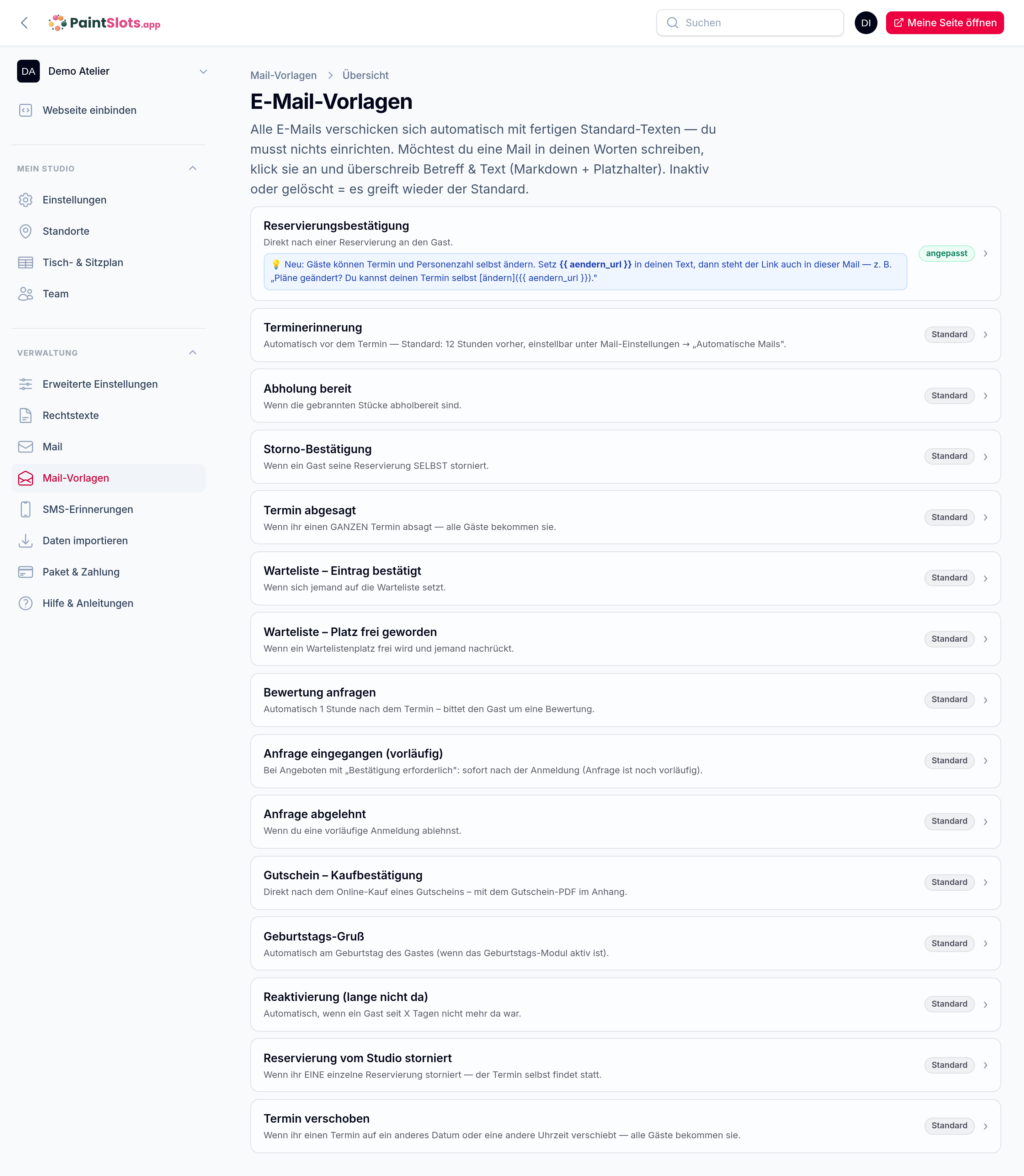 Mail-Vorlagen – Betreff und Text je Mail-Typ bearbeiten