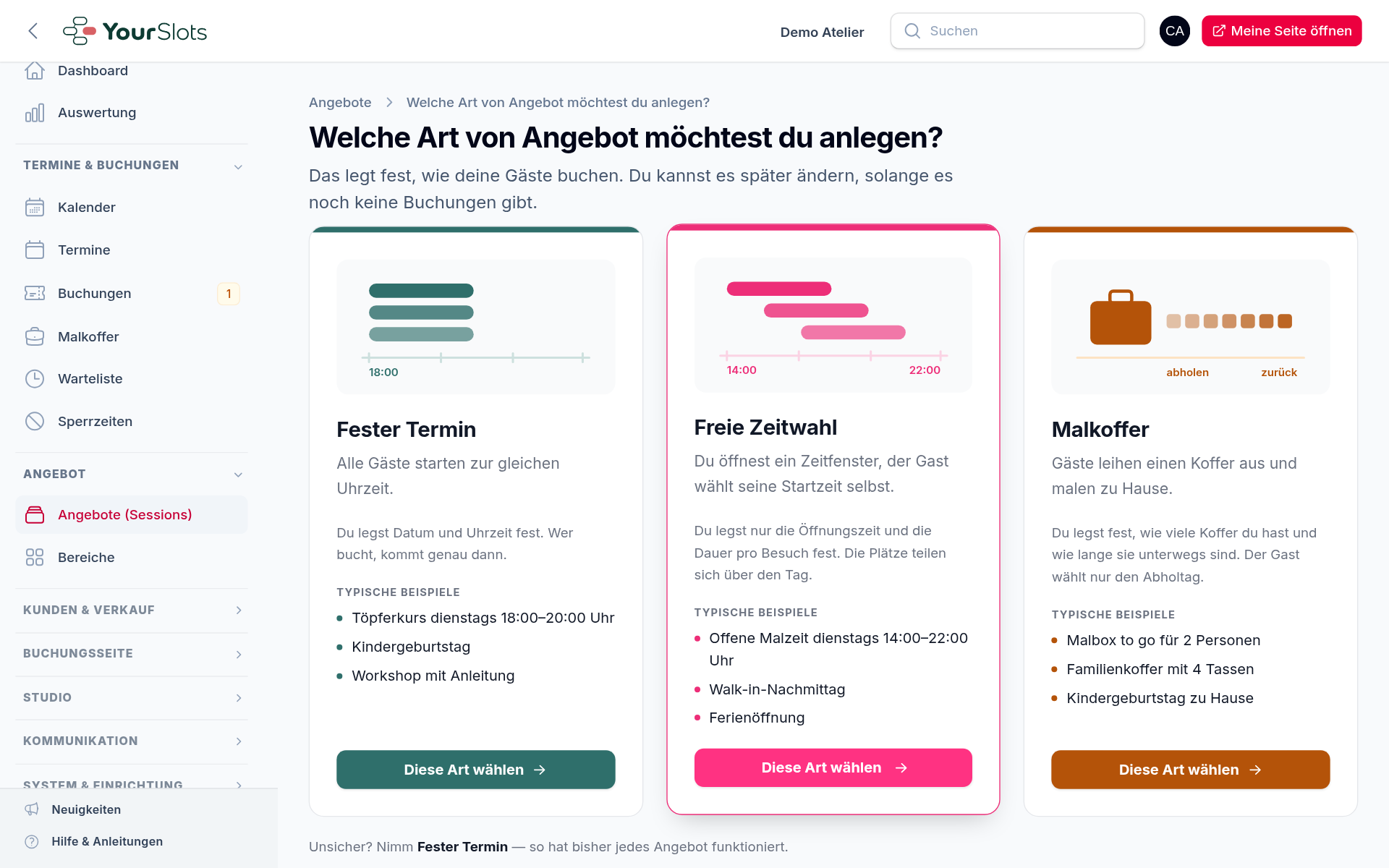 Beim Anlegen wählst du die Art – rechts steht „Malkoffer“ neben „Fester Termin“ und „Freie Zeitwahl“