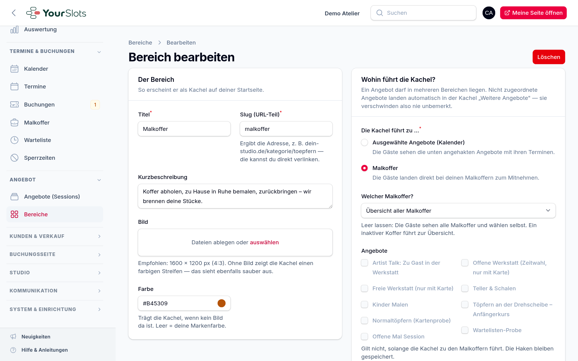Im Bereich rechts „Die Kachel führt zu … Malkoffer“ wählen – optional einen bestimmten Koffer