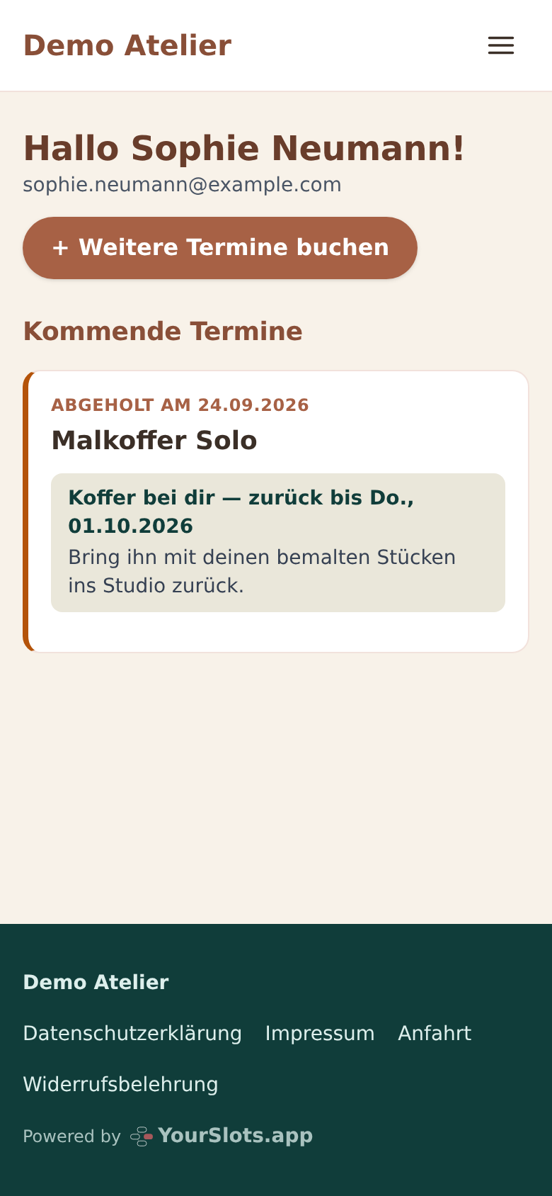„Meine Termine“ nach dem Abholen: Koffer bei dir – zurück bis Do., 01.10.