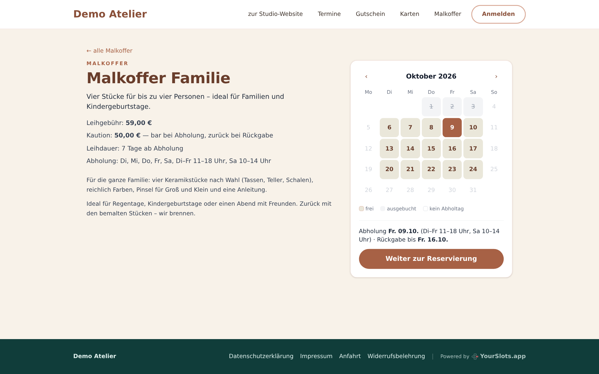 Der Gast wählt einen Abholtag – darunter steht sofort das Rückgabedatum. Die ersten Oktobertage sind ausgebucht, Ende Oktober liegen die Herbstferien