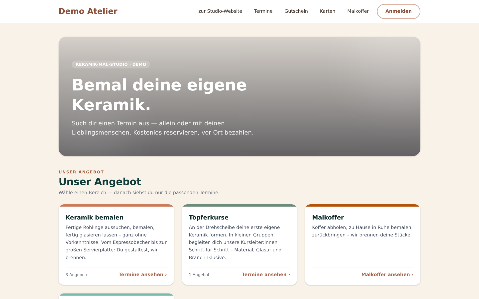 Die Startseite mit Bereichen: Die Kachel „Malkoffer“ führt direkt zu den Koffern