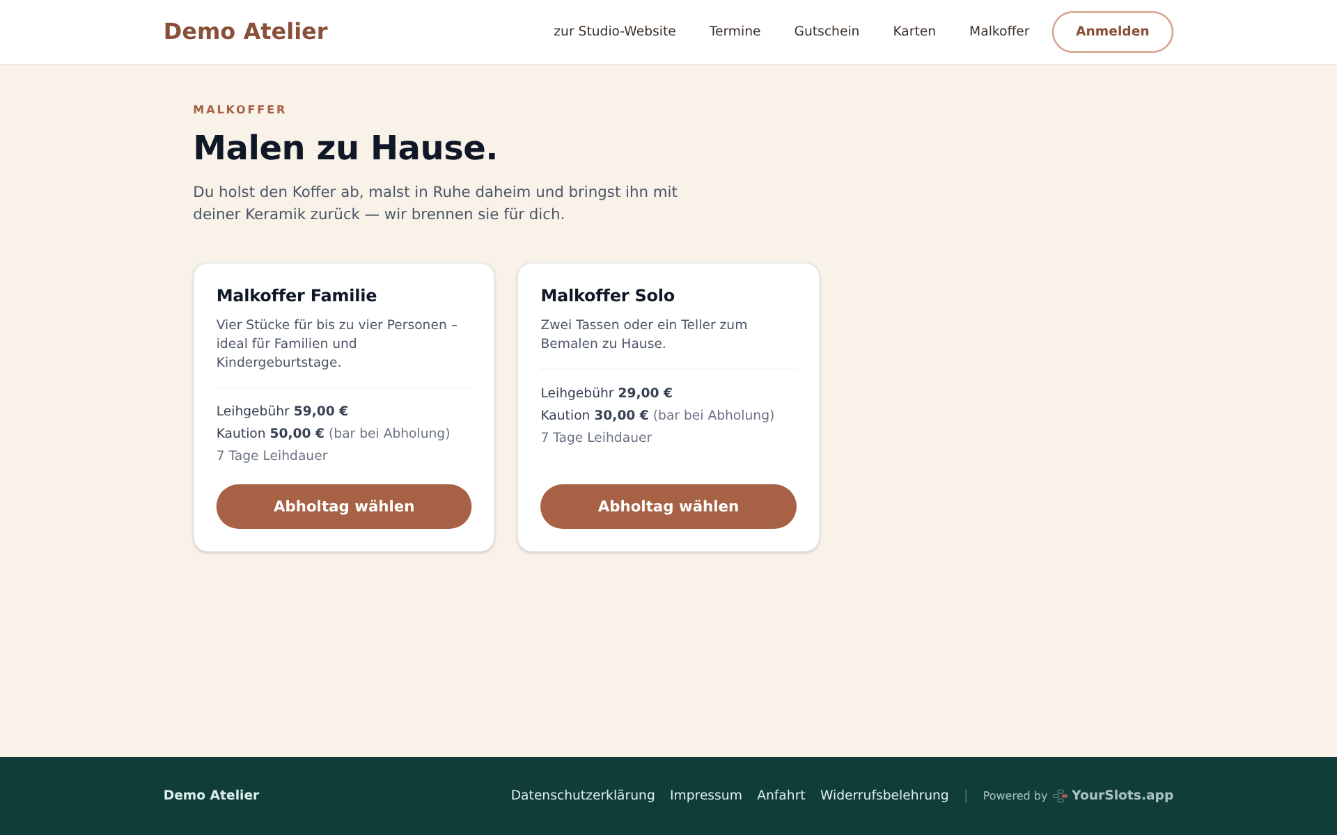 Die Koffer-Übersicht für Gäste – je Koffer eine Karte mit Leihgebühr, Kaution und Leihdauer