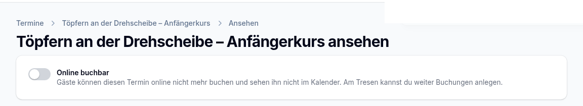 Der Schalter oben auf der Termin-Detailseite, hier ausgeschaltet