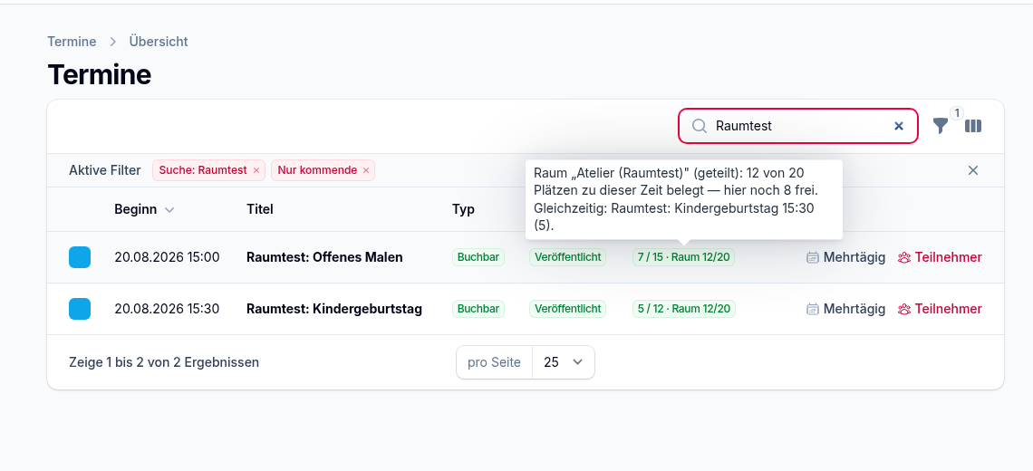 Terminliste – hinter der Belegung steht „Raum 12/20
