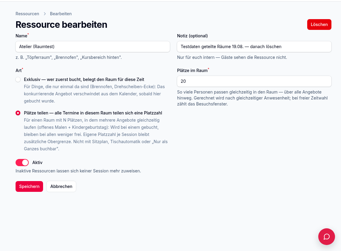 Ressource bearbeiten – Art „Plätze teilen