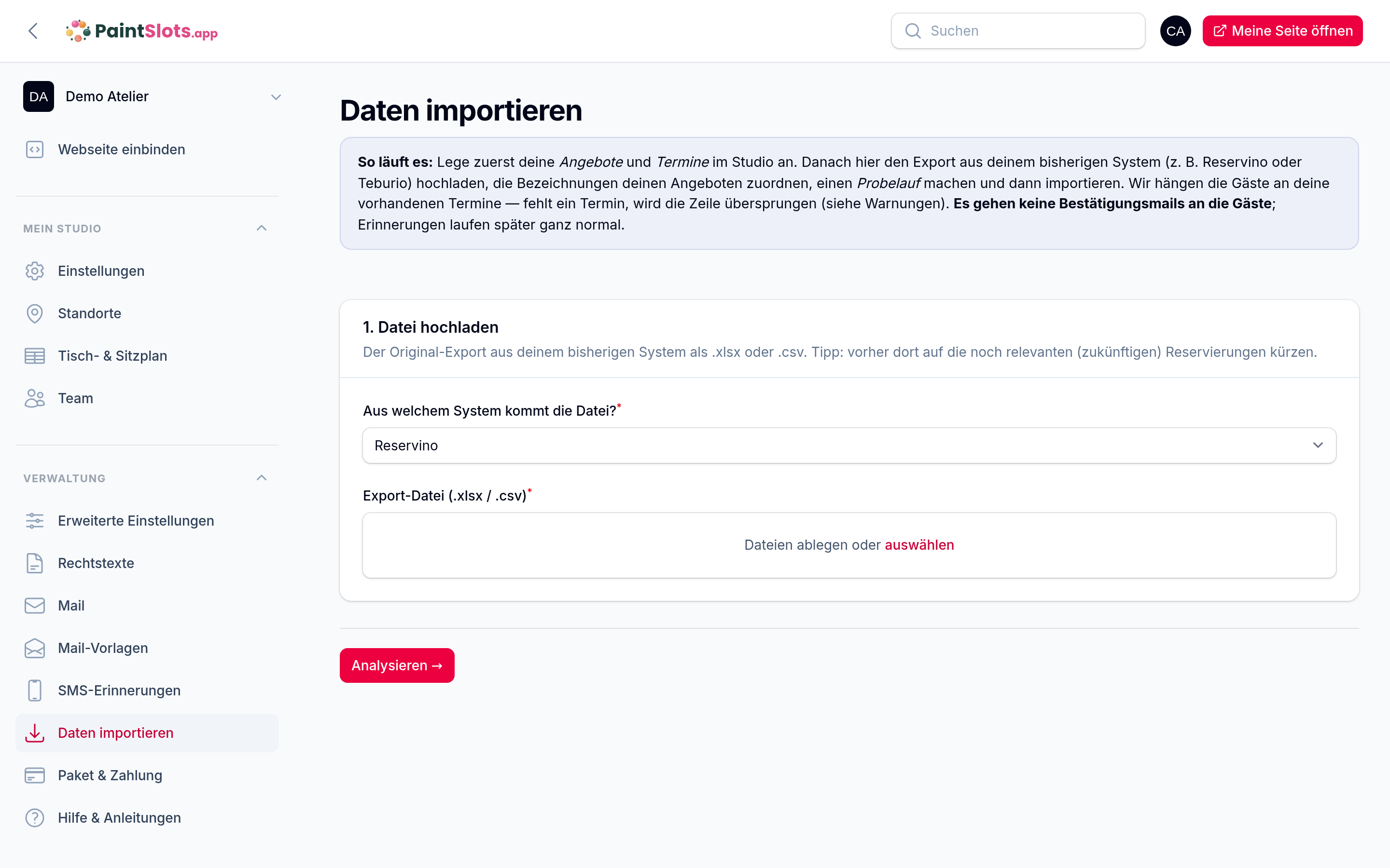 Schritt 1 – Reservino-Export als .xlsx oder .csv hochladen und „Analysieren