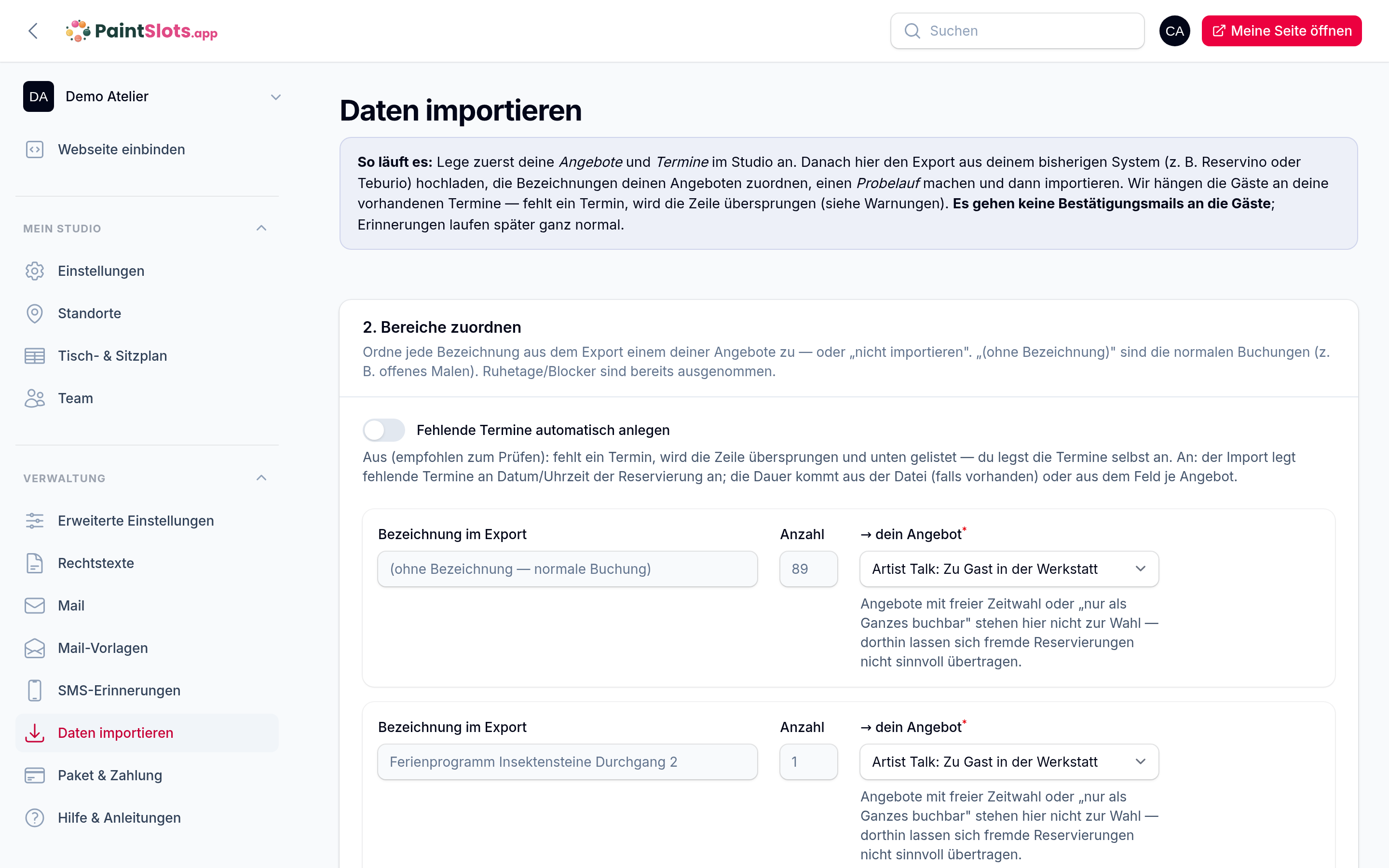 Der Probelauf zeigt anlegbare Buchungen, neue Termine und die Warnungen – erst danach „Import starten