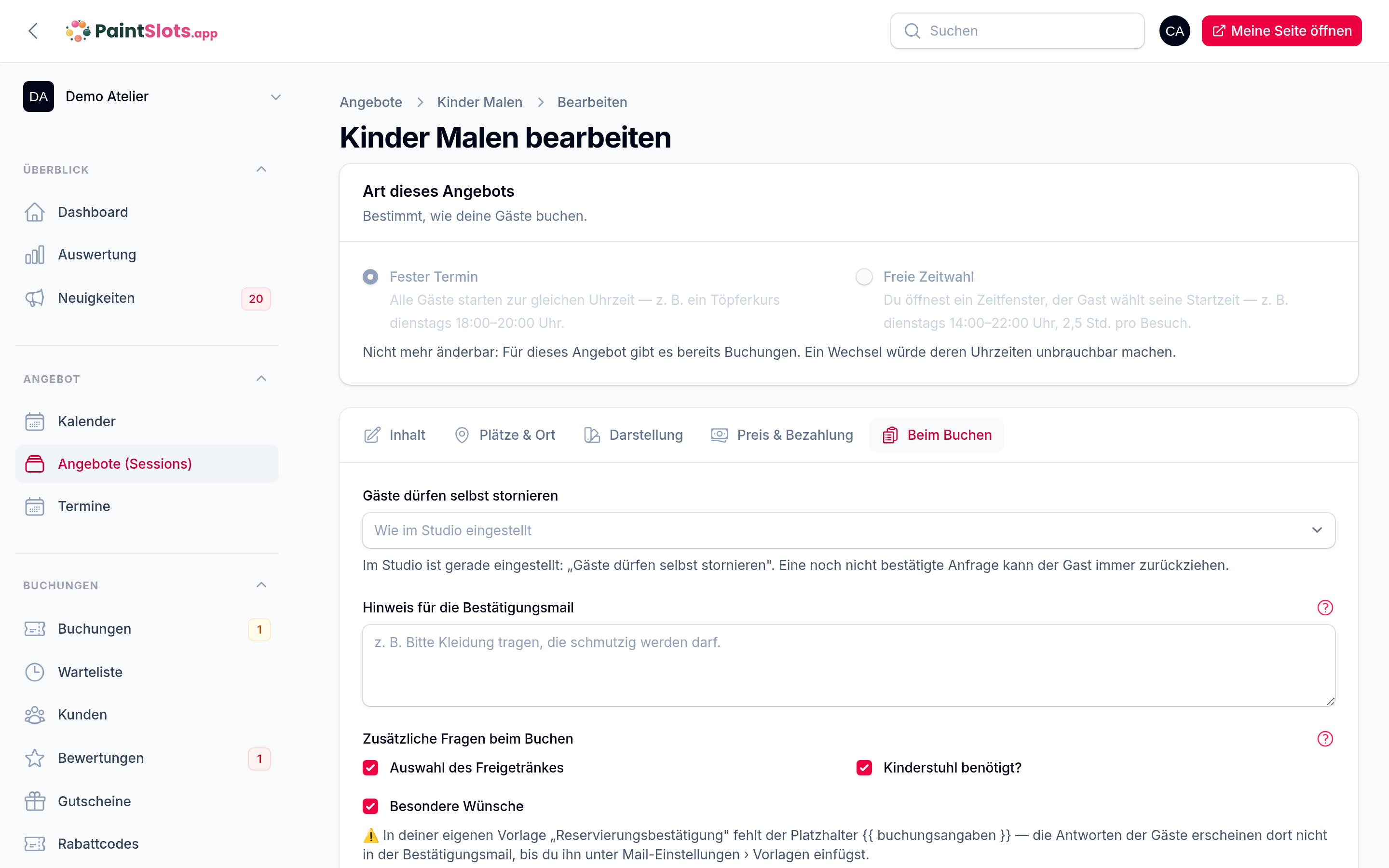 Angebot bearbeiten → „Beim Buchen