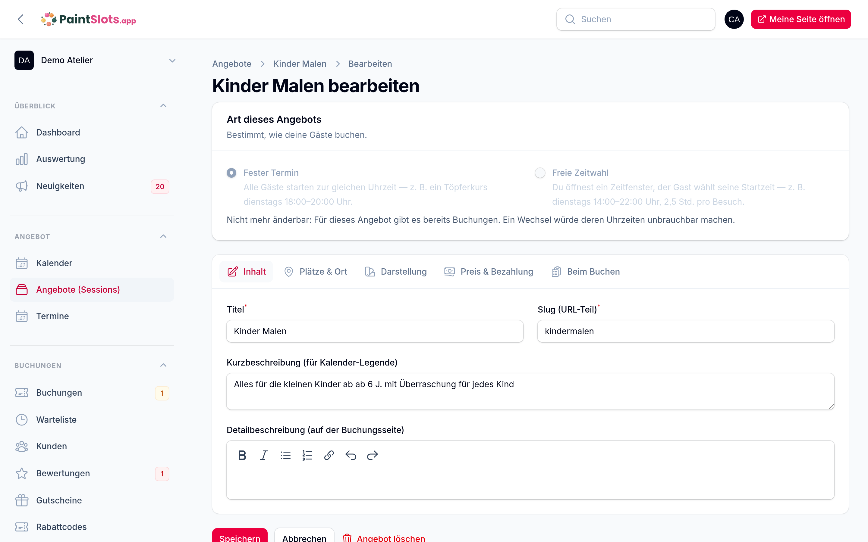 Angebot bearbeiten mit den fünf Registerkarten