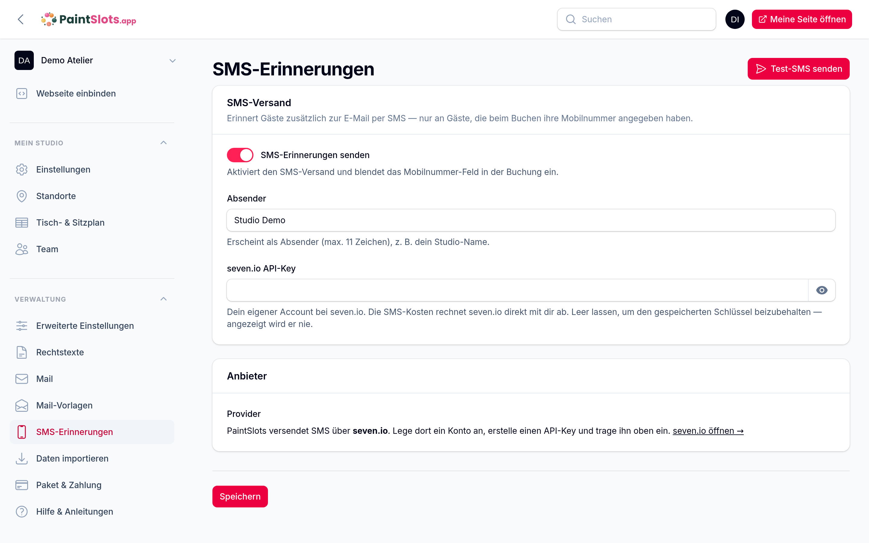 SMS-Erinnerungen – Schalter, Absender, API-Key und Test-SMS