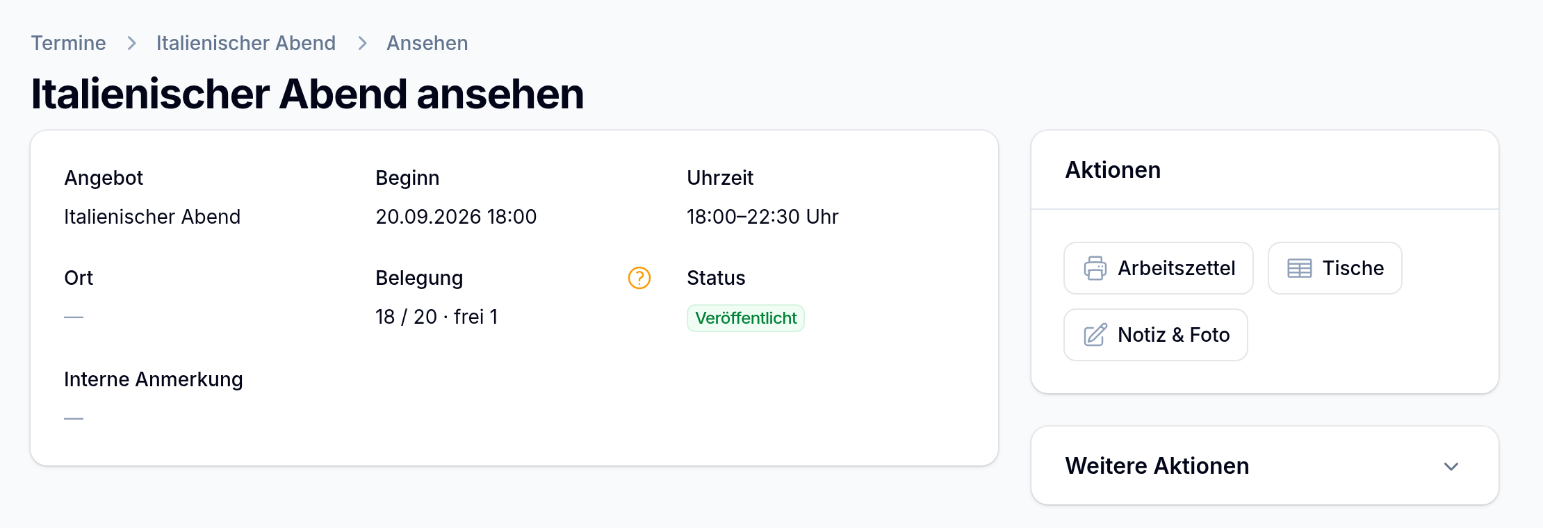 Die Termin-Detailseite: links die Infos, rechts „Aktionen“ und die zugeklappten „Weiteren Aktionen“