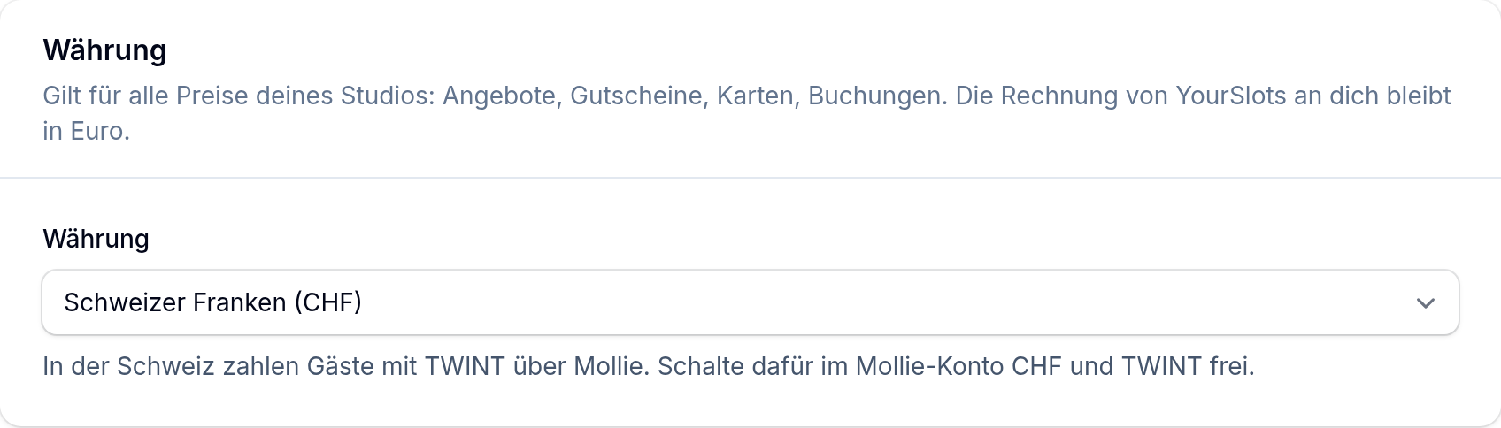 Die Währung stellst du ganz oben im Reiter „Zahlungen