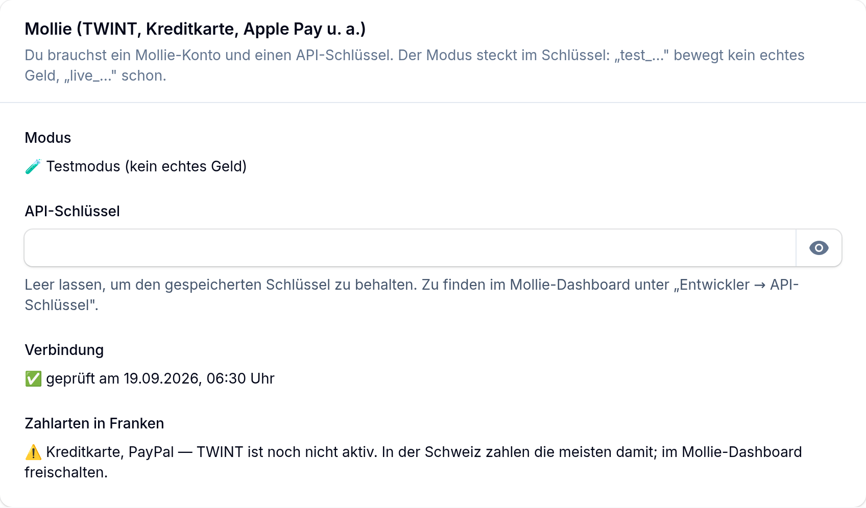 Die Zeile „Zahlarten in Franken