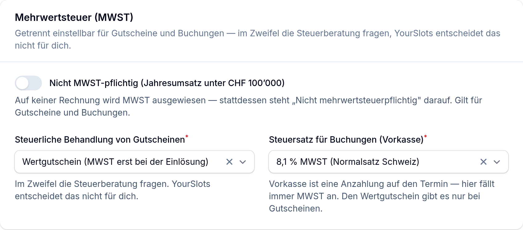 Bei Franken heißt der Abschnitt „Mehrwertsteuer (MWST)