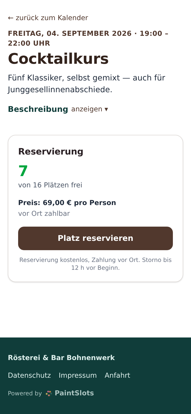 Angebotsseite auf dem Handy: „Cocktailkurs“, Freitag 4. September 19–22 Uhr, „Fünf Klassiker, selbst gemixt — auch für Junggesellinnenabschiede“, 7 von 16 Plätzen frei, Preis 69,00 € pro Person, Knopf „Platz reservieren“