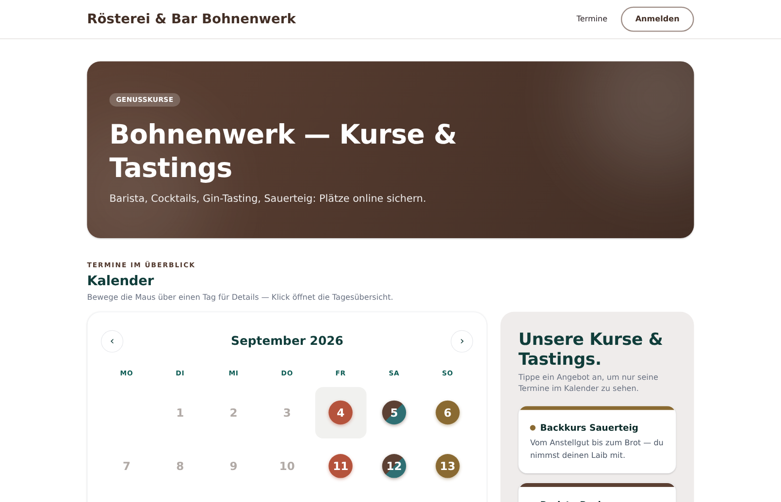 Buchungsseite von Rösterei & Bar Bohnenwerk: Kalender im September 2026 mit farbigen Tagen für die Kurse, daneben die Liste „Unsere Kurse & Tastings“ mit „Backkurs Sauerteig“ an erster Stelle