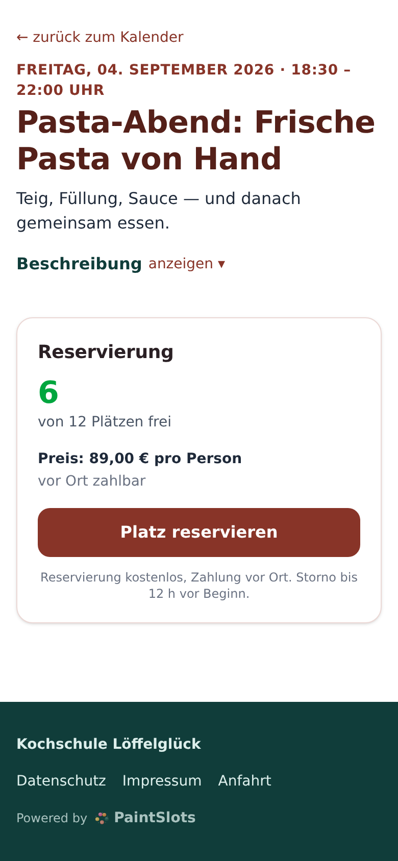 Angebotsseite auf dem Handy: „Pasta-Abend: Frische Pasta von Hand“, Freitag 4. September 18:30–22:00 Uhr, „6 von 12 Plätzen frei“, Preis 89,00 € pro Person, vor Ort zahlbar, Knopf „Platz reservieren“