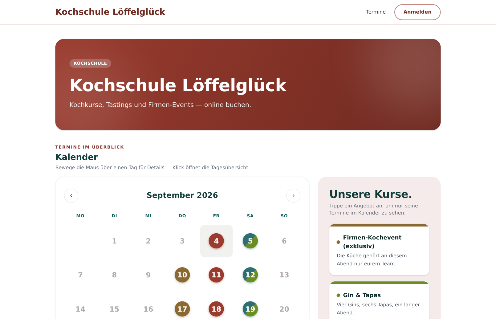 Buchungsseite von Kochschule Löffelglück: Kalender im September 2026 mit farbigen Tagen für die Kurse, daneben die Liste „Unsere Kurse“ mit „Firmen-Kochevent (exklusiv)“ und „Gin & Tapas“