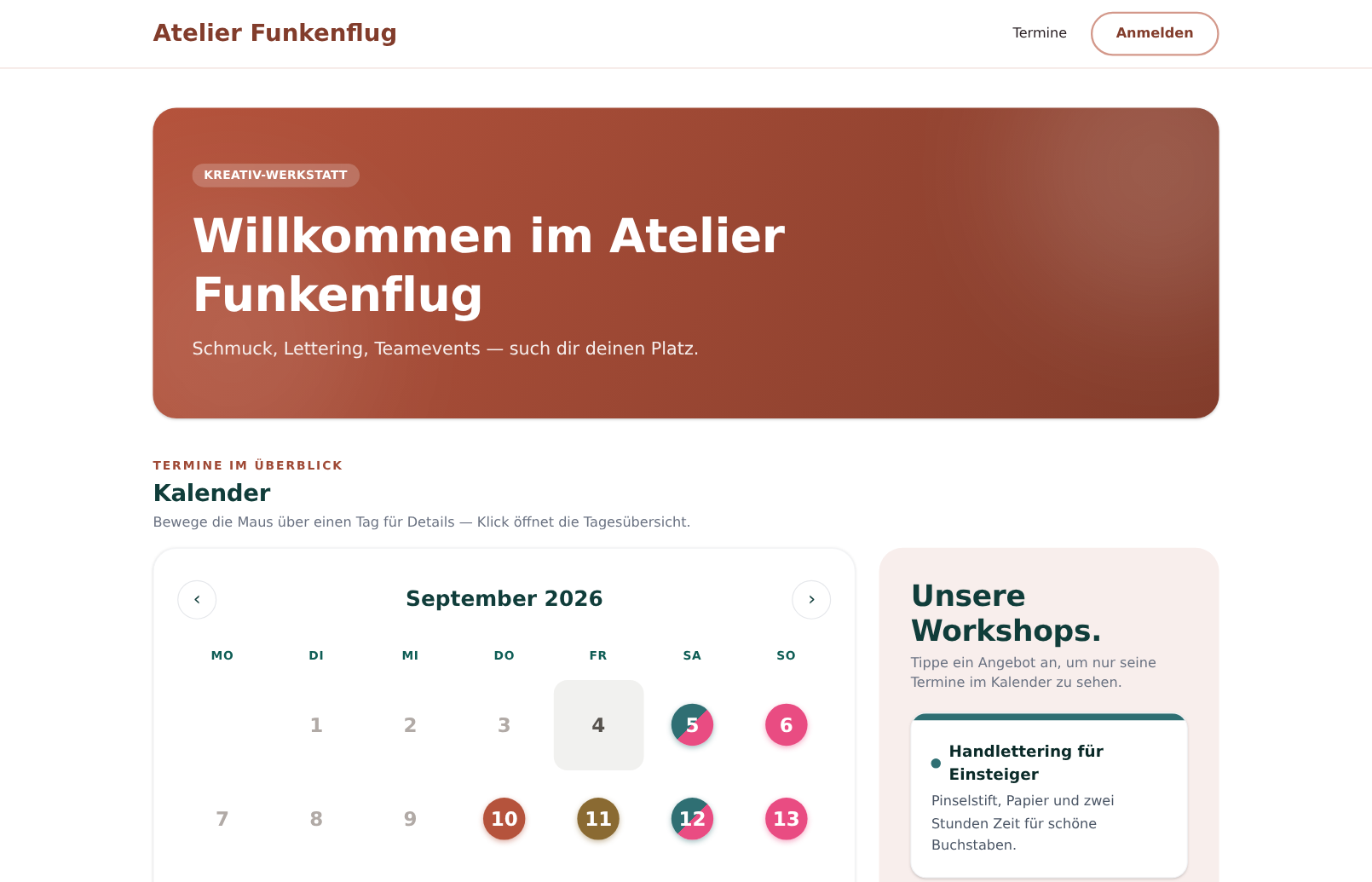 Buchungsseite von Atelier Funkenflug: Kalender im September 2026 mit farbigen Tagen für die Workshops, daneben die Liste „Unsere Workshops“ mit „Handlettering für Einsteiger“