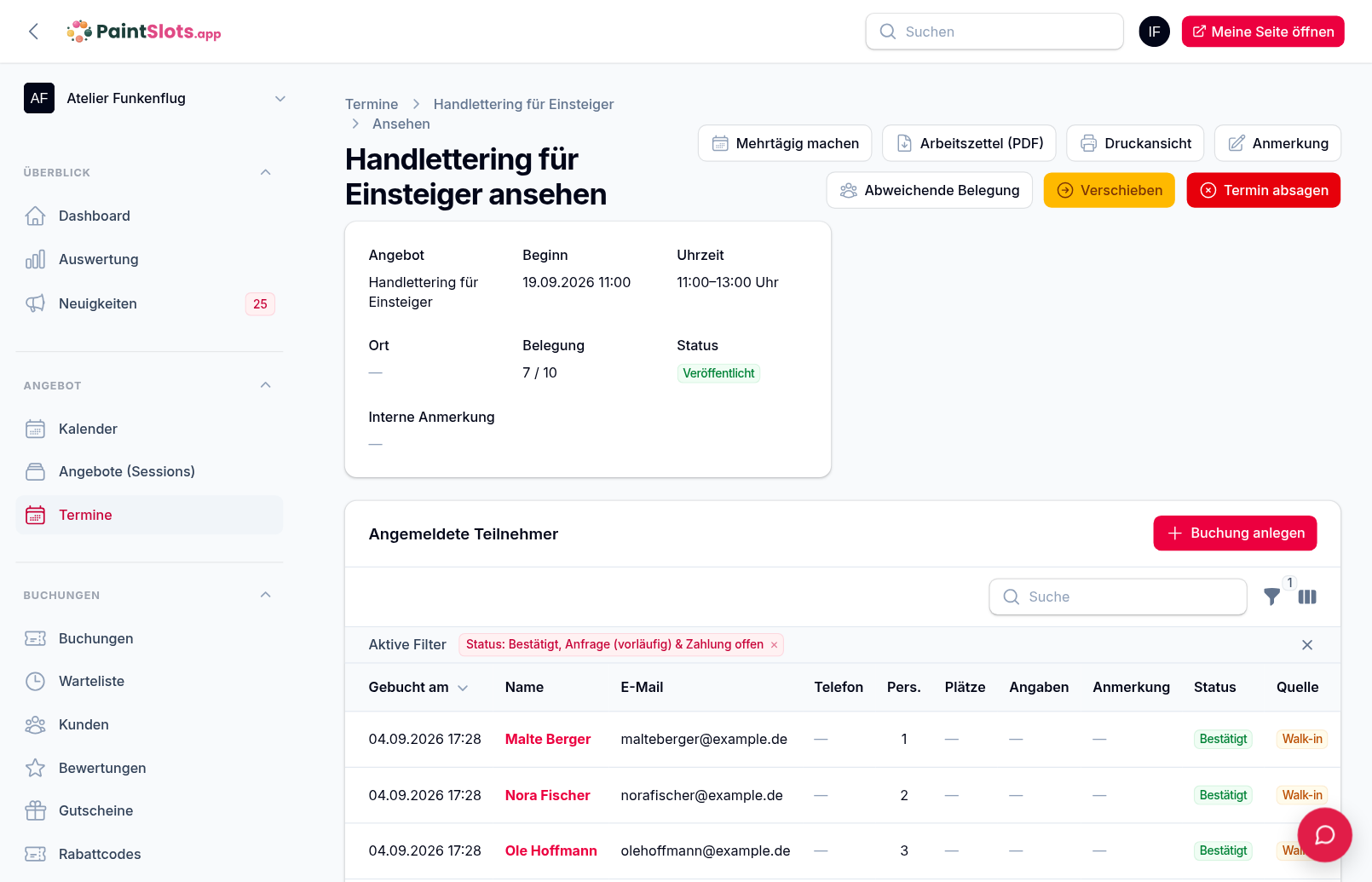 Teilnehmerliste des Termins „Handlettering für Einsteiger“, 19. September 2026, 11–13 Uhr, Belegung 7 von 10: Tabelle mit Name, E-Mail, Telefon, Personenzahl, Status und Buchungsquelle
