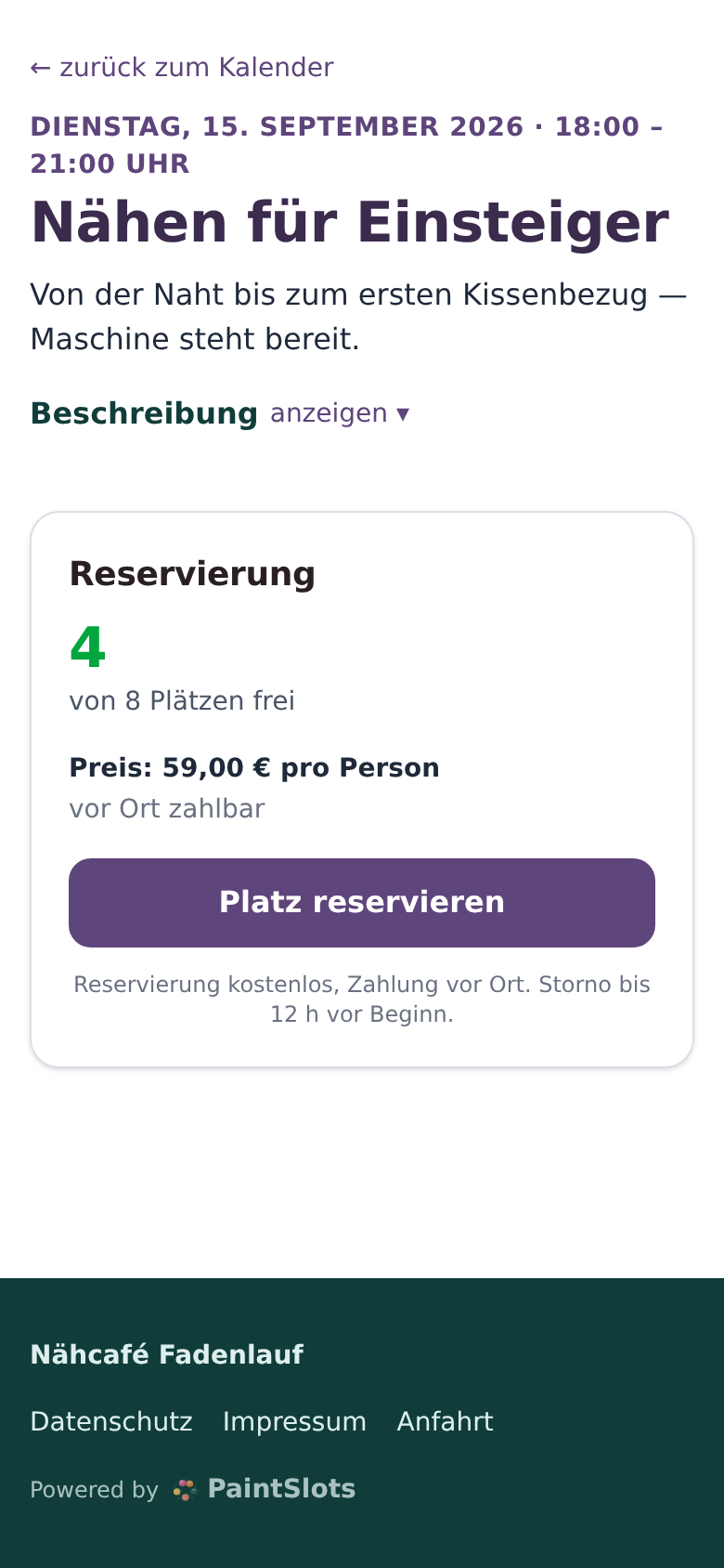 Angebotsseite auf dem Handy: „Nähen für Einsteiger“, Dienstag 15. September 18–21 Uhr, „4 von 8 Plätzen frei“, Preis 59,00 € pro Person, Knopf „Platz reservieren“