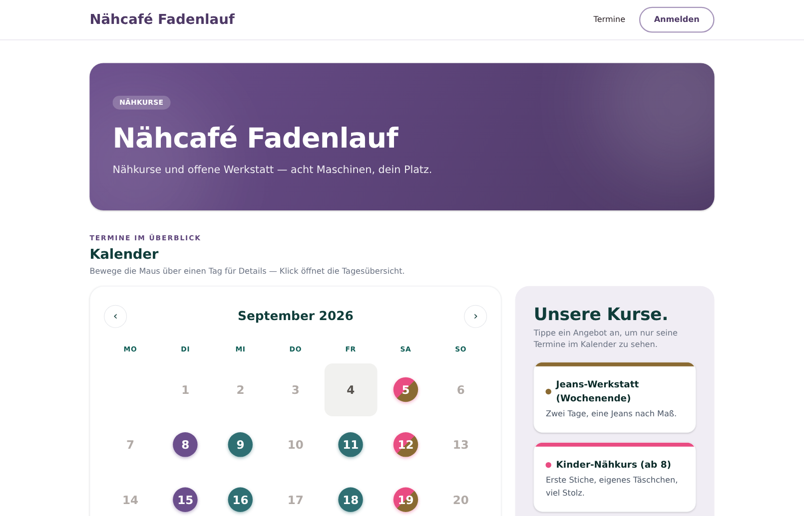 Buchungsseite von Nähcafé Fadenlauf: Kalender im September 2026 mit farbigen Tagen für die Angebote, daneben die Liste „Unsere Kurse“ mit „Jeans-Werkstatt (Wochenende)“ und „Kinder-Nähkurs (ab 8)“